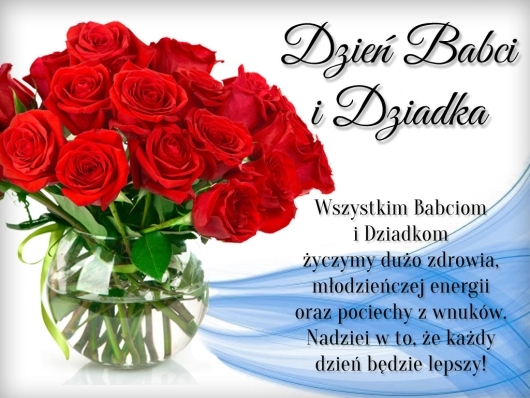 Bukiet czerwonych róż z życzeniami wszystkim babciom i dziadkom 